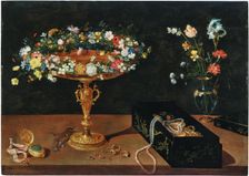 A tazza with a garland of flowers, a jewellery box, a pocket watch and flowers in a glass vase. Creator: Brueghel, Jan, the Younger (1601-1678)