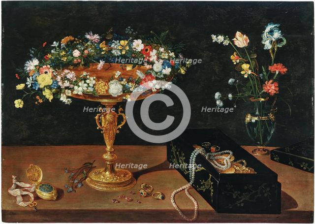 A tazza with a garland of flowers, a jewellery box, a pocket watch and flowers in a glass vase. Creator: Brueghel, Jan, the Younger (1601-1678).
