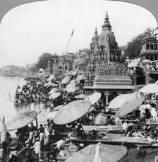 A temple and ghats on the Ganges at Benares (Varanasi), India, 1900s