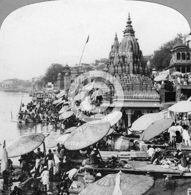 A temple and ghats on the Ganges at Benares (Varanasi), India, 1900s. Artist: Unknown