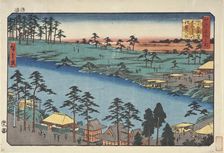A Temple Beside a Pond at Junisho Quarter, in Tsunohazu District of Yotsuya Area., 19th century. Creator: Ando Hiroshige