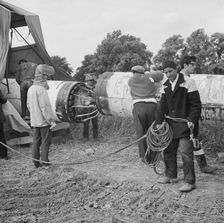 A team of men working on the lining up operation of the Fens gas pipeline, Norfolk, 24/07/1967. Creator: John Laing plc