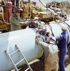 A team of welders working on the Martin pipeline, Hertfordshire, 07/07/1981. Creator: John Laing plc