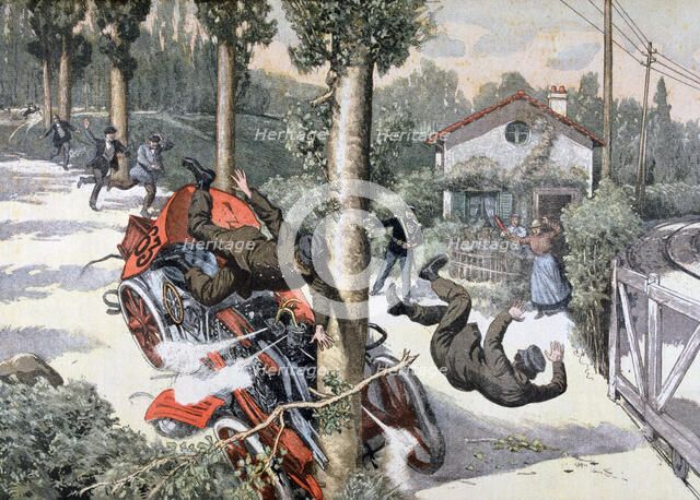 A terrible accident, Paris to Madrid race, 1903. Artist: Unknown