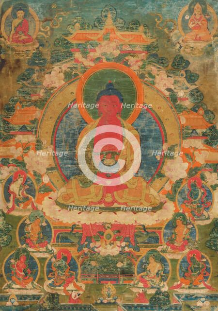 A thangka of Amitabha in the Pureland of Sukhavati, 18th century. Creator: Tibetan culture.