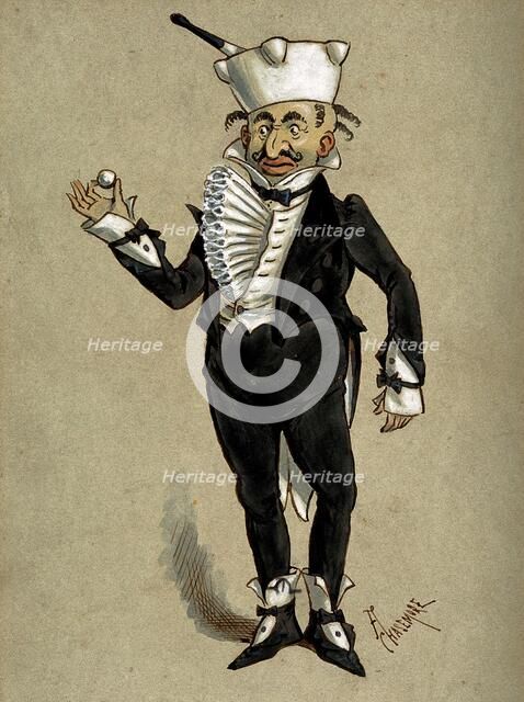 A theatrical figure in a tuxedo wearing a pestle and mortar as a hat..., 1870s. Creator: Archibald Chasemore.