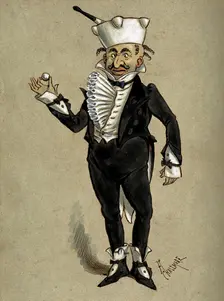A theatrical figure in a tuxedo wearing a pestle and mortar as a hat..., 1870s. Creator: Archibald Chasemore
