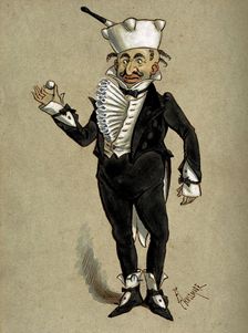 A theatrical figure in a tuxedo wearing a pestle and mortar as a hat..., 1870s. Creator: Archibald Chasemore