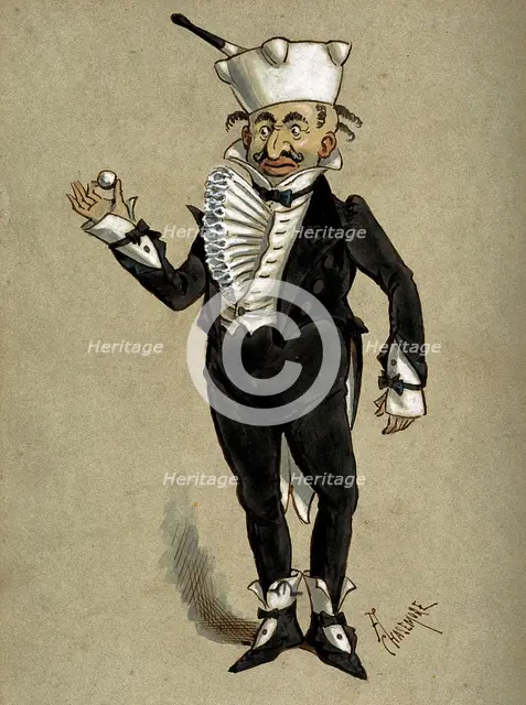 A theatrical figure in a tuxedo wearing a pestle and mortar as a hat..., 1870s. Creator: Archibald Chasemore.