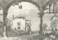 A three-arched portico with an open lantern hanging at center, a triumphal arch and rui..., 1735-46. Creator: Canaletto