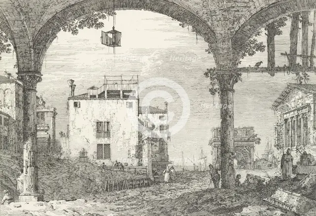 A three-arched portico with an open lantern hanging at center, a triumphal arch and rui..., 1735-46. Creator: Canaletto.