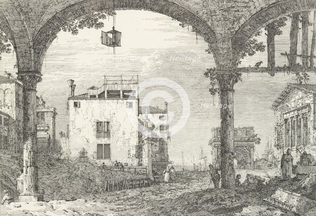 A three-arched portico with an open lantern hanging at center, a triumphal arch and rui..., 1735-46. Creator: Canaletto.