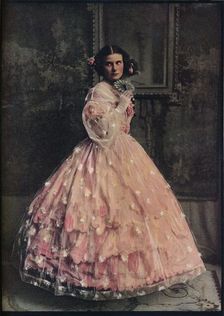 A three-flounced ball-dress of pink silk, with overdress of white flowered gauze, 1850-60 c1913