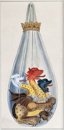 A three headed monster in an alchemical flask, representing the composition of the..., 1900-1909. Creator: Edith Annie Ibbs
