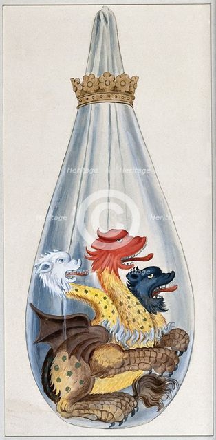 A three headed monster in an alchemical flask, representing the composition of the..., 1900-1909. Creator: Edith Annie Ibbs.