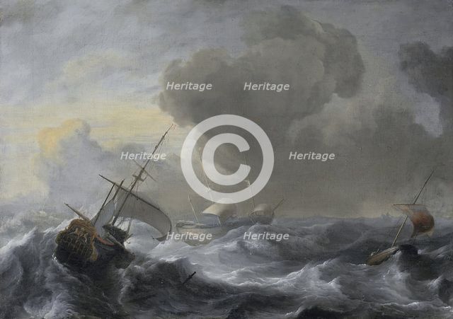 A threemaster with the Amsterdam coat-of-arms, with other vessels, in a storm, 1700. Creator: Ludolf Bakhuizen.