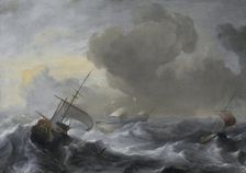 A threemaster with the Amsterdam coat-of-arms, with other vessels, in a storm, 1700. Creator: Ludolf Bakhuizen