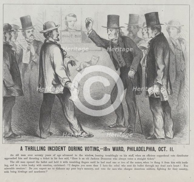 A Thrilling Incident During the Voting, 18th Ward, Philadelphia, October 11, 1864. Creator: Harley.