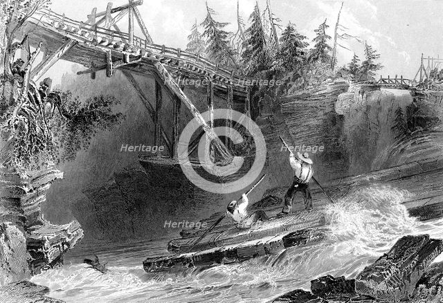 A timber slide and a bridge across the Ottawa river, Ontario, Canada, 1842.Artist: J Sands