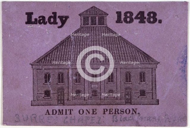 A ticket of admission for a lady to Surrey Chapel, Blackfriars Road, Southwark, London, 1848. Artist: Anon