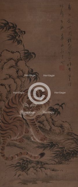A tiger takes shelter under a rock, 1810. Creator: Kazan; Watanabe (1793-1841).