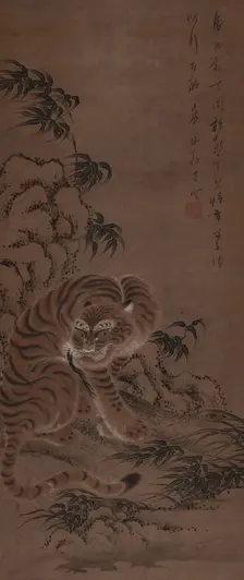 A tiger takes shelter under a rock, 1810. Creator: Kazan; Watanabe (1793-1841)