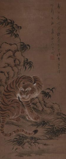 A tiger takes shelter under a rock, 1810. Creator: Kazan; Watanabe (1793-1841)