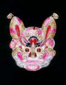 A tiger face mask painted with garish colours, China, 20th century. Creator: Unknown