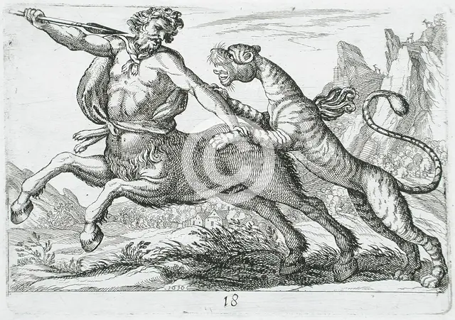 A Tiger Fighting a Centaur, 1610. Creator: Hendrick Hondius I.