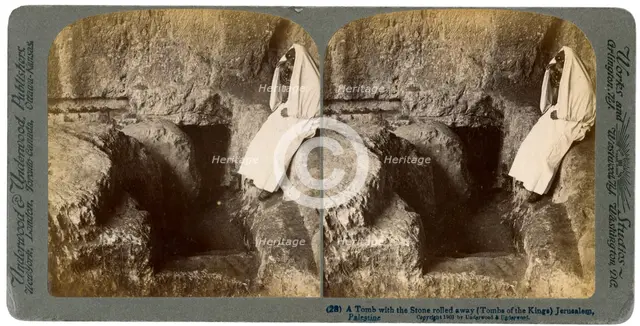 A tomb with the entrance stone rolled away, Jerusalem, 1901. Artist: Underwood & Underwood
