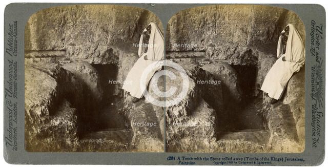 A tomb with the entrance stone rolled away, Jerusalem, 1901. Artist: Underwood & Underwood