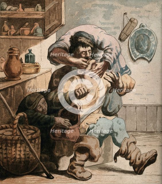 A tooth-drawer extracting a tooth from a seated patient while a woman steals from his bag, c1610s. Creator: Unknown.