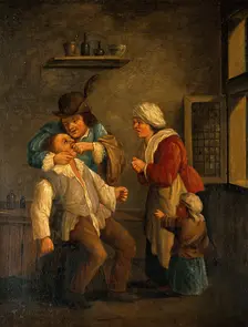 A tooth-drawer operating on a man, with a woman and child looking on. Creator: Both, Andries Dirksz, approximately 1608-1641? (After)