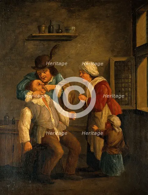 A tooth-drawer operating on a man, with a woman and child looking on. Creator: Both, Andries Dirksz, approximately 1608-1641? (After).