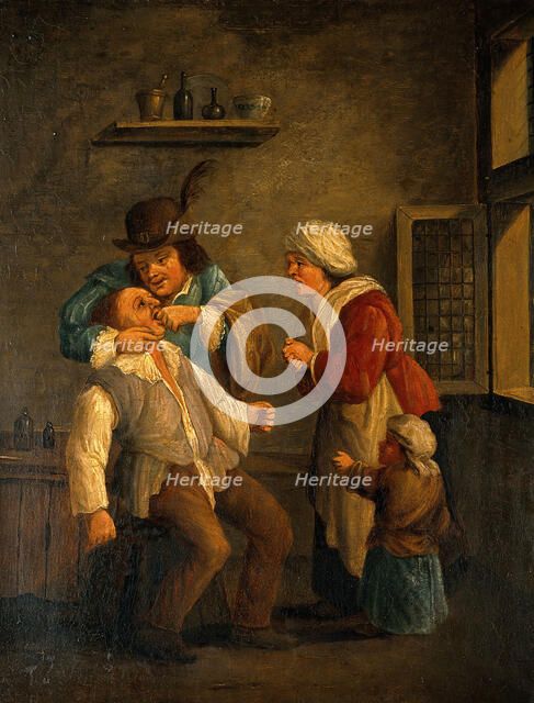 A tooth-drawer operating on a man, with a woman and child looking on. Creator: Both, Andries Dirksz, approximately 1608-1641? (After).