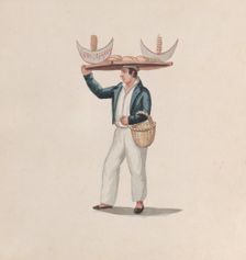 A tortilla vendor balancing a tray on his head, from a group of drawings depicting Peruvian..., ca. Creator: Attributed to Francisco (Pancho) Fierro
