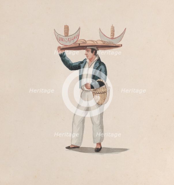 A tortilla vendor balancing a tray on his head, from a group of drawings depicting Peruvian..., ca.  Creator: Attributed to Francisco (Pancho) Fierro.