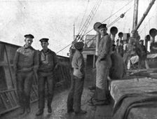 A torpedoing immediately avenged; Prisoners of the UC-38 aboard transport..., 1917. Creator: Unknown