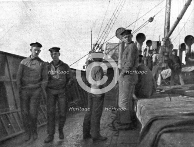 A torpedoing immediately avenged; Prisoners of the 'UC-38' aboard transport..., 1917. Creator: Unknown.