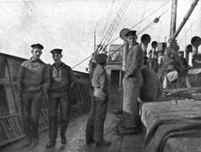 A torpedoing immediately avenged; Prisoners of the UC-38 aboard transport..., 1917. Creator: Unknown