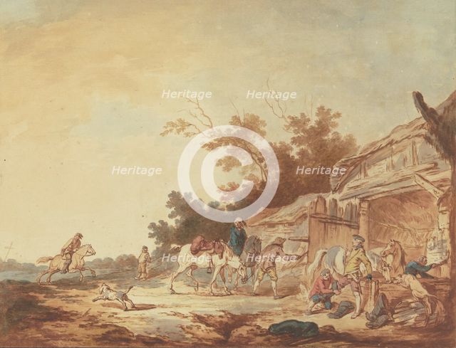 A traveler being fitted with riding boots stands with his horses at a watering trough in..., 1760. Creator: Francesco Giuseppe Casanova.