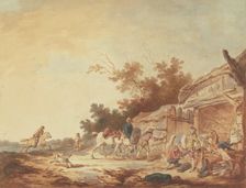 A traveler being fitted with riding boots stands with his horses at a watering trough in..., 1760. Creator: Francesco Giuseppe Casanova