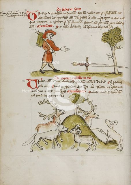 A Traveler Finding a Sword under a Tree: A Stag and a Sheep..., third quarter of 15th century. Creator: Unknown.