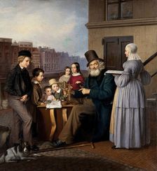 A travelling showman in the Netherlands showing animalcules to children, c1840. Creator: Unknown