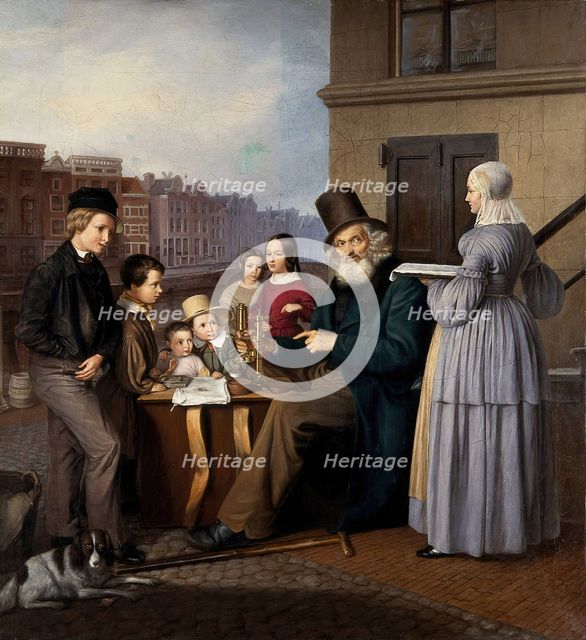 A travelling showman in the Netherlands showing animalcules to children, c1840. Creator: Unknown.