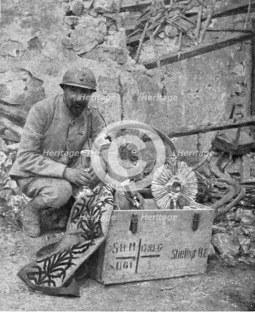 'A travers le champ de bataille; apres notre reoccupation de Breny (Aisne), un pretre..., 1918. Creator: Unknown.