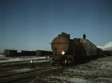 A train (or "cut") being pushed out of a receiving..., Proviso yard, C & NW RR., Chicago, Ill., 1942 Creator: Jack Delano