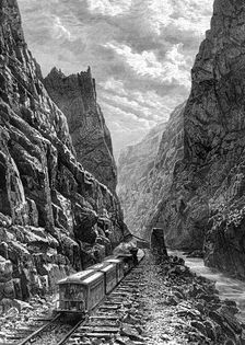 A train passing through the Rocky Mountains, USA, 19th century.Artist: Taylor