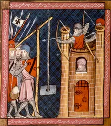 A trebuchet in use at a siege, c1340. Creator: Unknown