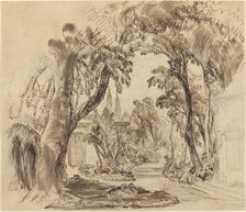 A Tree-lined Garden Path (Preliminary Sketch for "Sleeping Beauty and the Beast"?), 1900?. Creator: Robert Caney